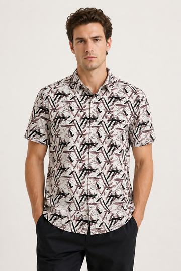 Self Pattern Turn Down Collar Shirt - White, Black & Pastel Brown
