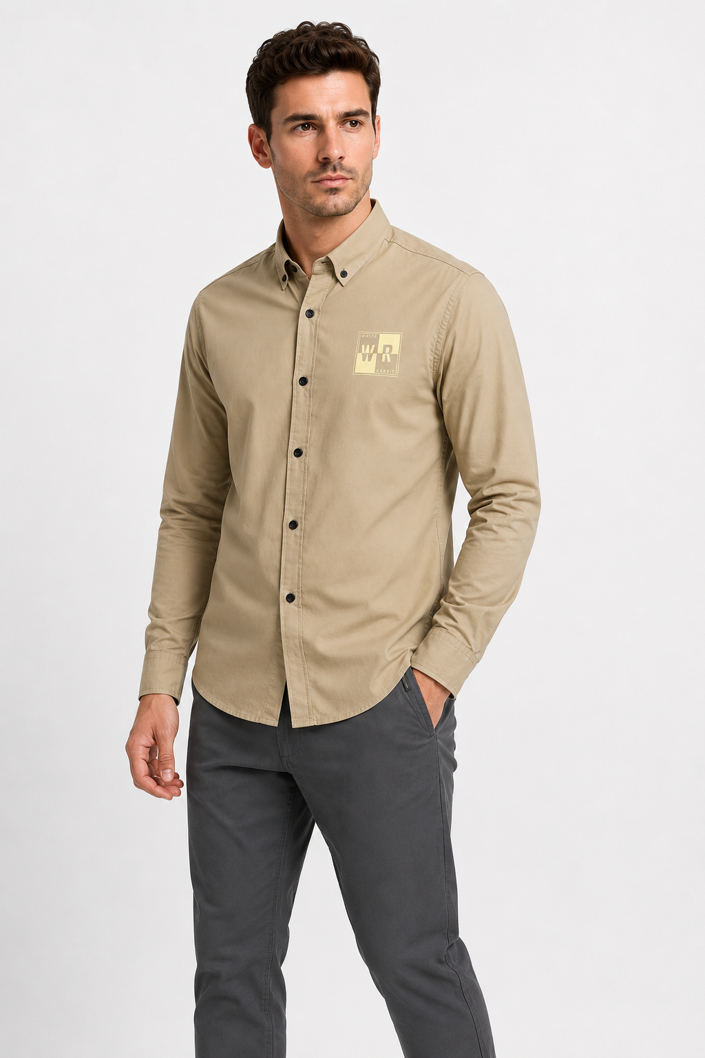 Buttons Down Pineapple Long Sleeves Shirt - Beige
