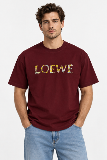 Men's LOEWE Graphic Embroidered Oversized Burgundy T-Shirt