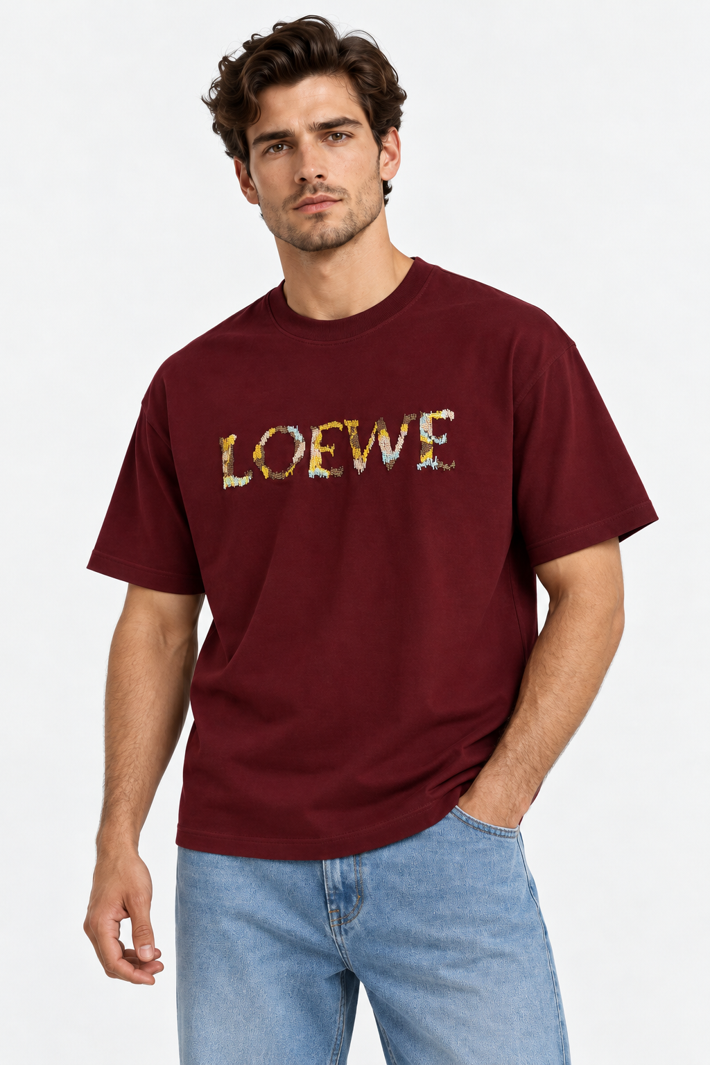 Men's LOEWE Graphic Embroidered Oversized Burgundy T-Shirt