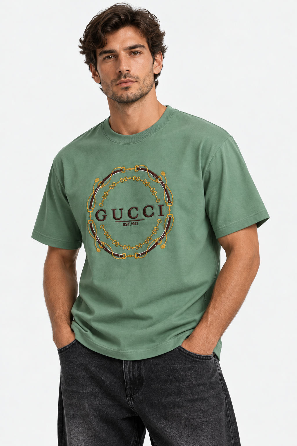 Men's Gucci Logo Graphic Print Oversized Sage Green T-Shirt