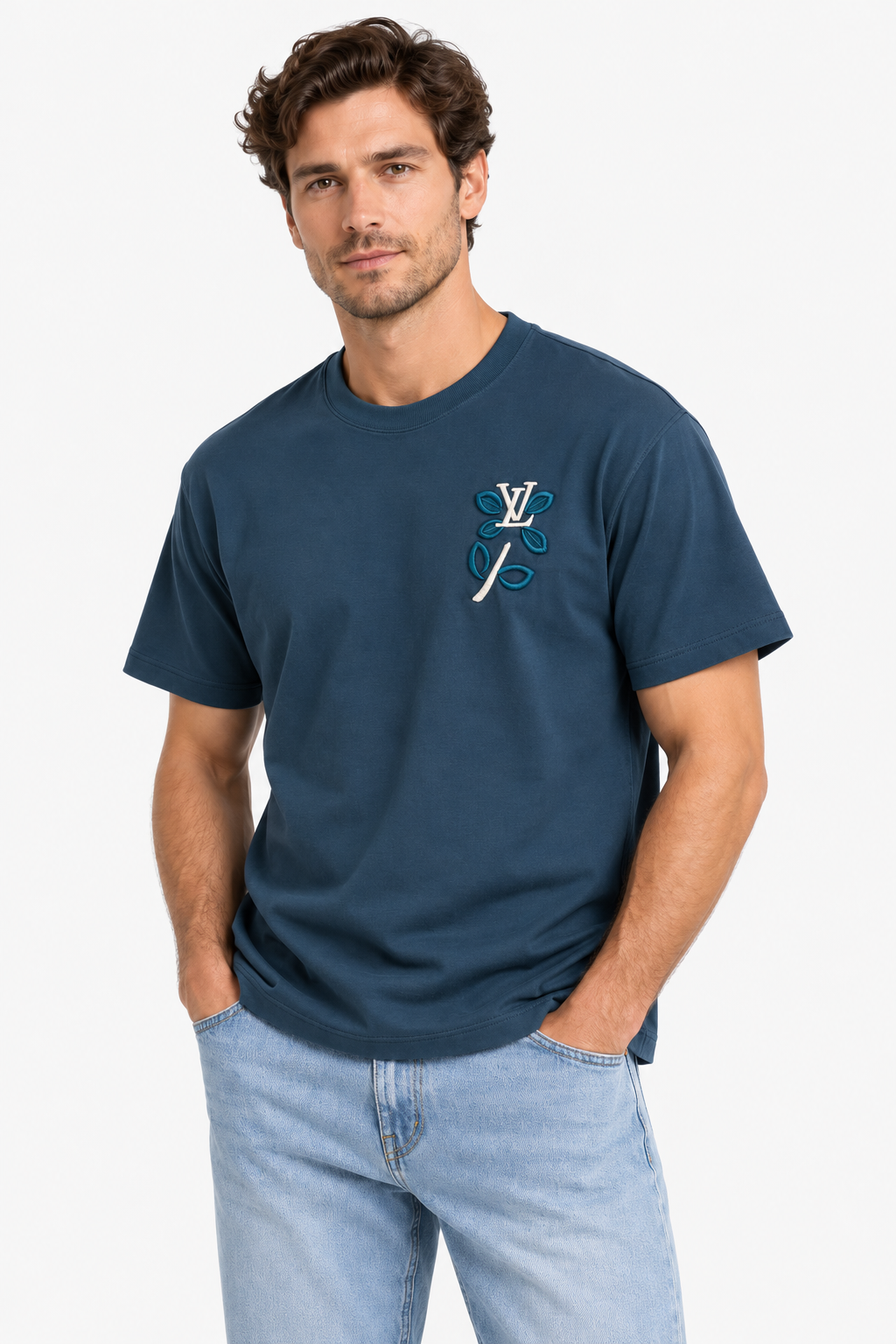 Men's Louis Vuitton LV Floral Embroidered Oversized Navy Blue T-Shirt