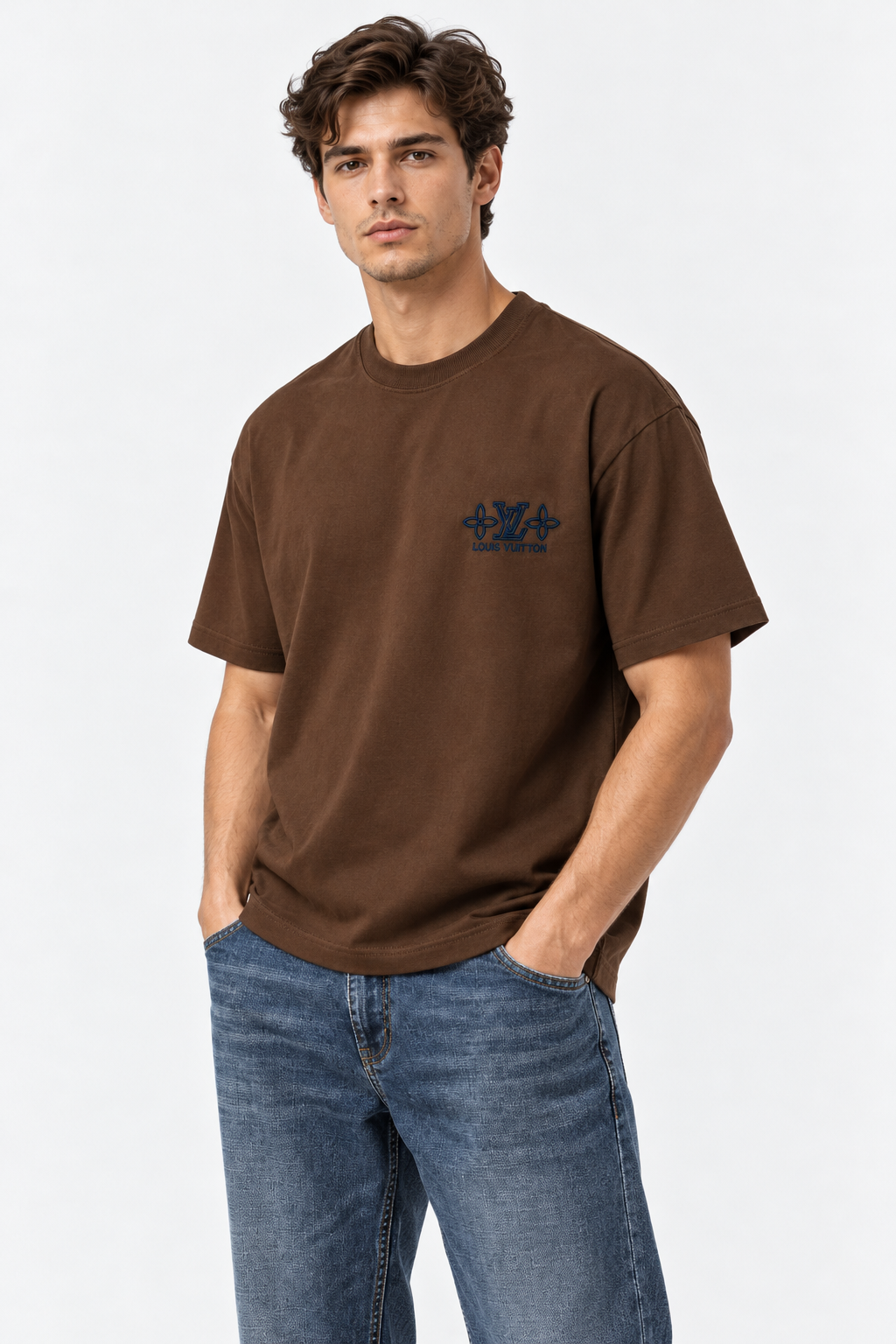 Men's Louis Vuitton LV Floral Embroidered Oversized Brown T-Shirt