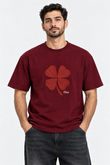 Men's Dior Clover Embroidered Oversized Burgundy T-Shirt