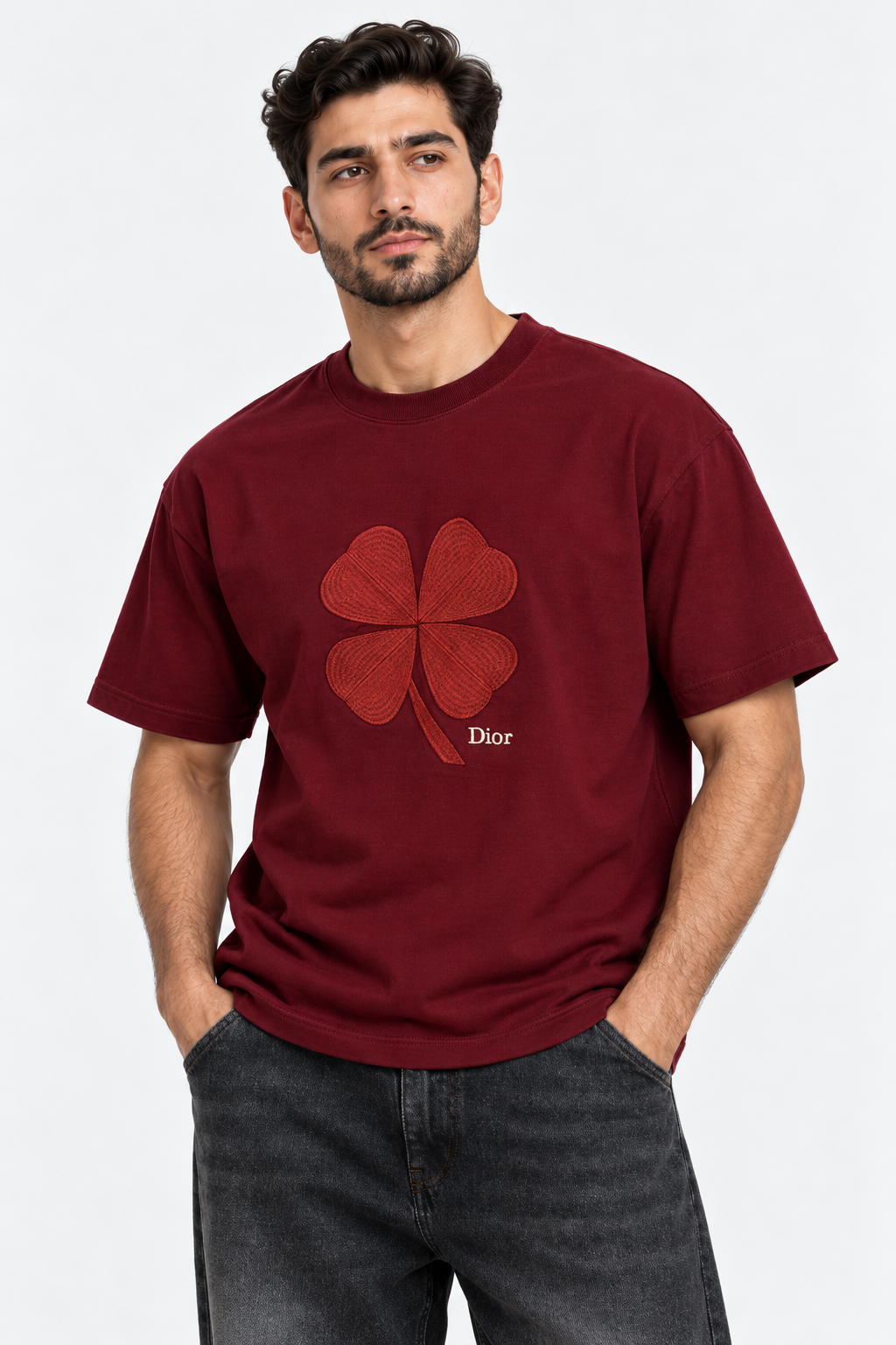 Men's Dior Clover Embroidered Oversized Burgundy T-Shirt