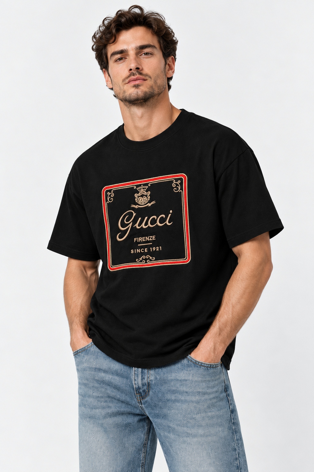 Men's Gucci Firenze Vintage Logo Graphic Oversized Black T-Shirt