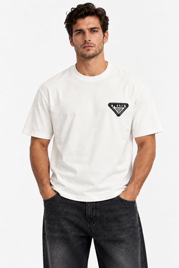 Men's Prada Triangle Logo Patch Oversized White T-Shirt