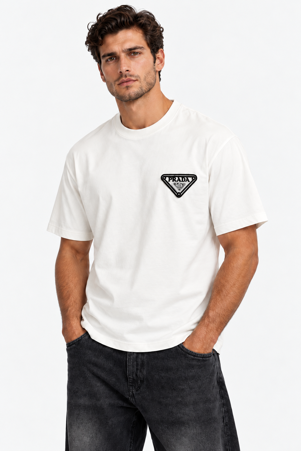 Men's Prada Triangle Logo Patch Oversized White T-Shirt