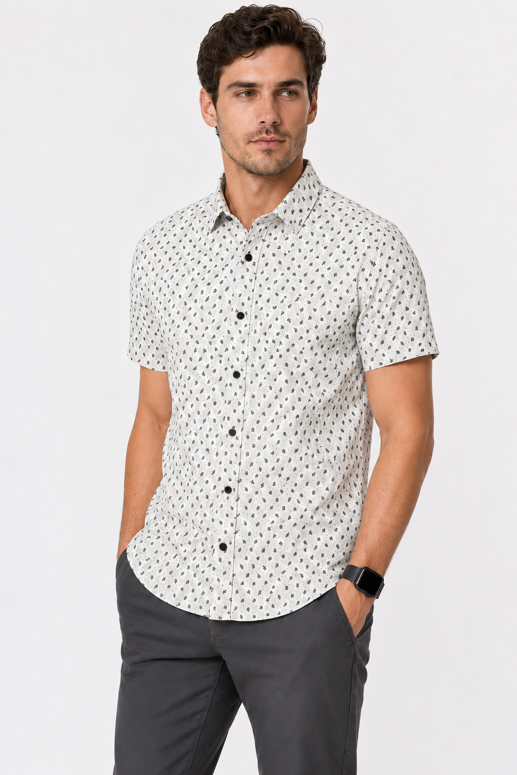 Buttoned Short Sleeves Sun Pattern Shirt – White