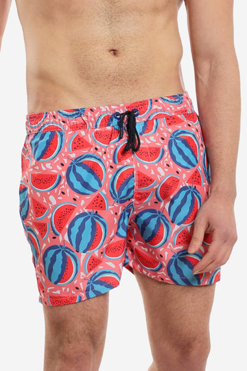 Slip On Swim Short With Watermelon Pattern - Coral & Navy Blue