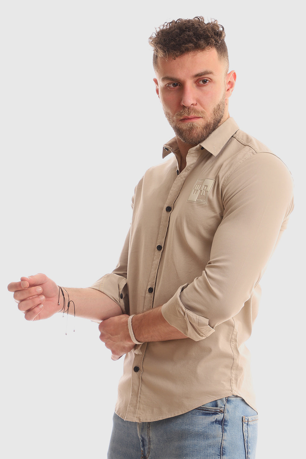 Buttons Down Pineapple Long Sleeves Shirt - Beige