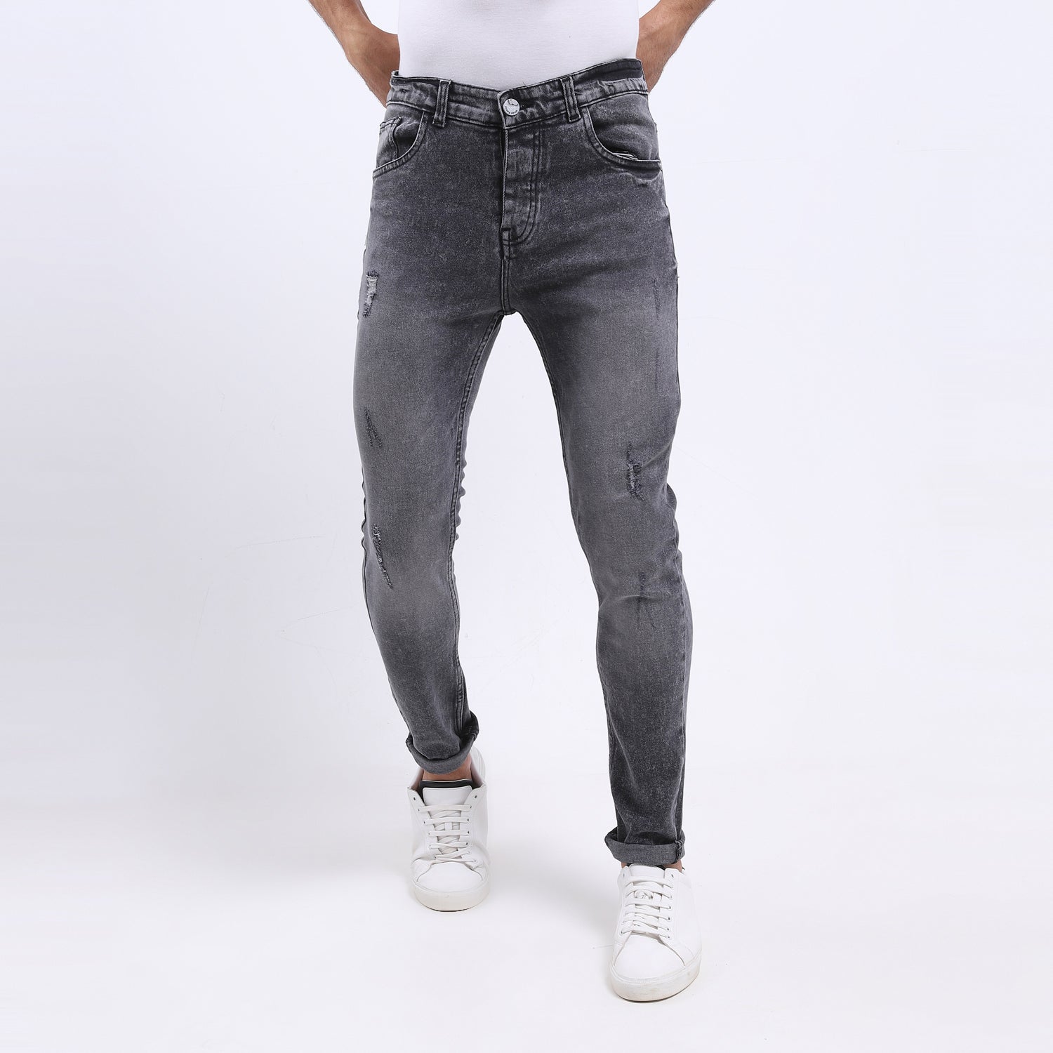 Scratched Slim Fit Dark Grey Jeans