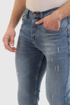 Slim Fit Cotton Jeans With Scratches - Wash Standard Blue