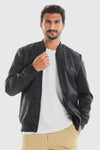 Black Textured Leather Zipper Closure Lightweight Jacket