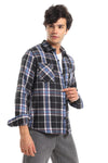 Casual Plaid Button Down Shirt With Two Chest Pockets - Black, Blue & White