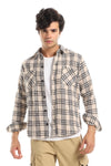 Casual Plaid Button Down Shirt With Two Chest Pockets - Beige, Black & Mustard