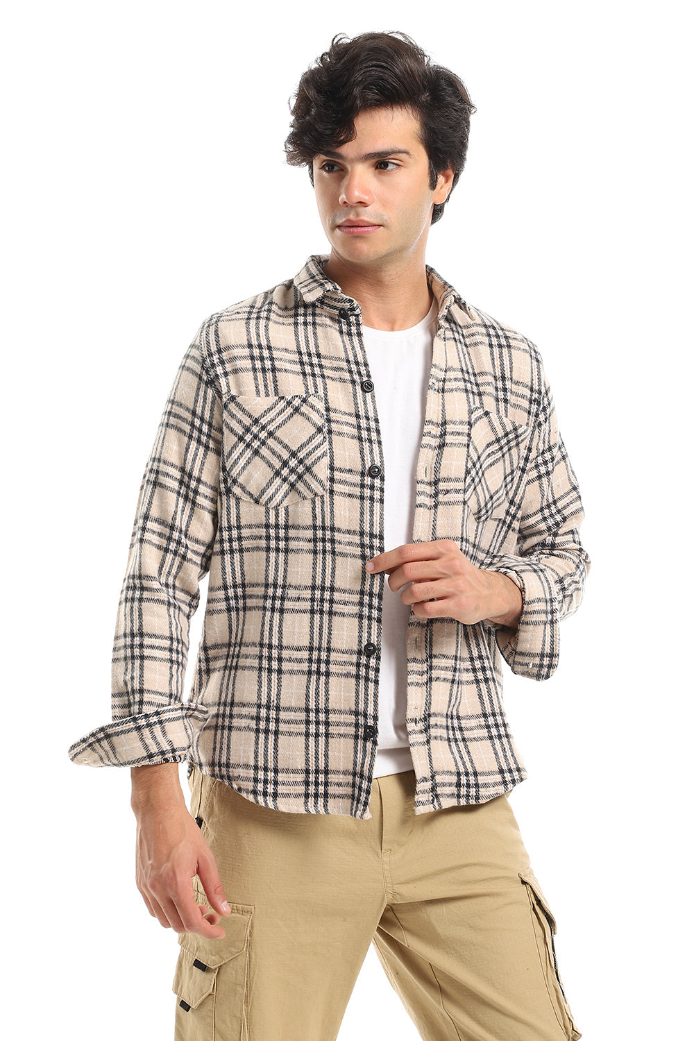 Casual Plaid Button Down Shirt With Two Chest Pockets - Beige, Black & Mustard