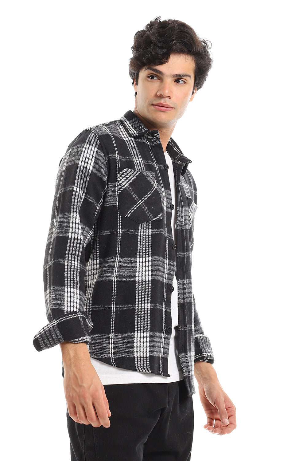 Casual Plaid Button Down Shirt With Two Chest Pockets - Black & White