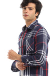 Casual Plaid Button Down Shirt With Two Chest Pockets - Navy, Red & White