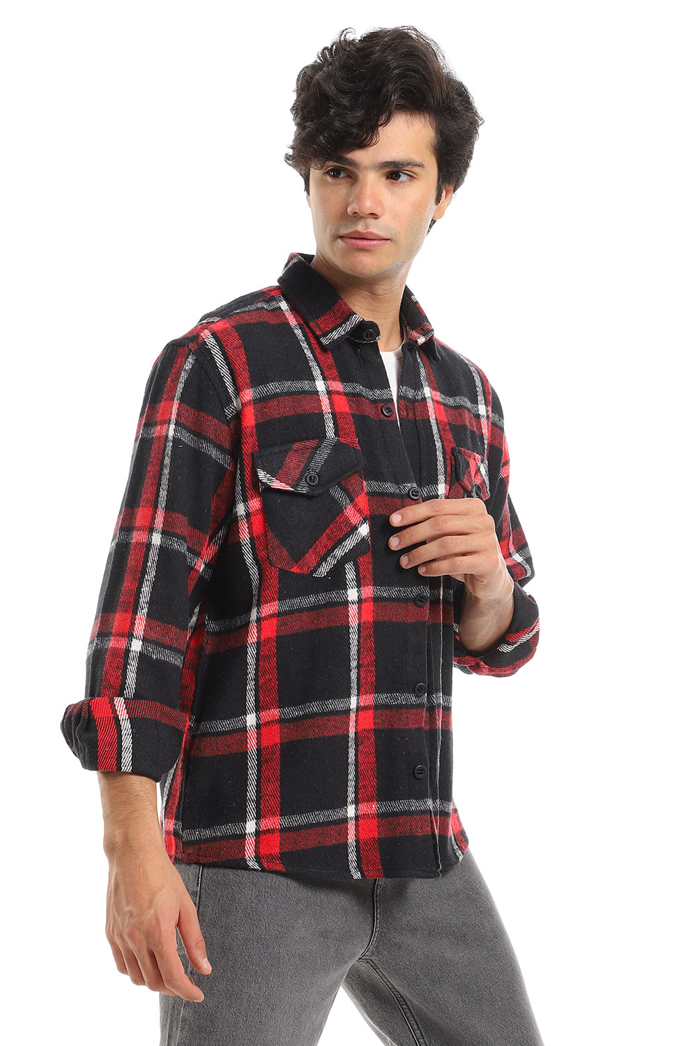 Casual Plaid Button Down Shirt With Two Chest Pockets - Red, Black & White