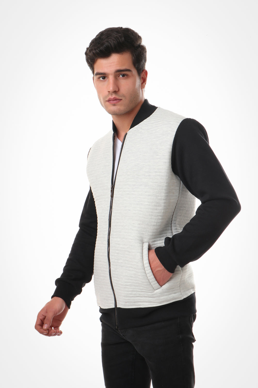 سويت شيرت رمادي بسحاب ونقشة ثنائية اللون