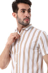 Striped Pattern Short Sleeves Shirt - White & Cider Brown