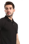 Pique Pattern Turn Down Collar Polo Shirt - --Black