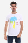 Palm Printed Pattern Short Sleeves Slip On T-Shirt - Candy Red, Yellow & Blue