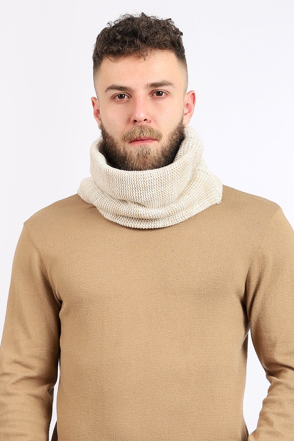 Knitted Slip On Cowl Scarf - Off White & Beige