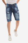 Red Ripped Framing Stitched Dark Washed Jeans Shorts