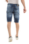 Red Ripped Framing Stitched Dark Washed Jeans Shorts