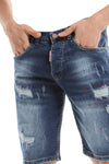 Red Ripped Framing Stitched Dark Washed Jeans Shorts