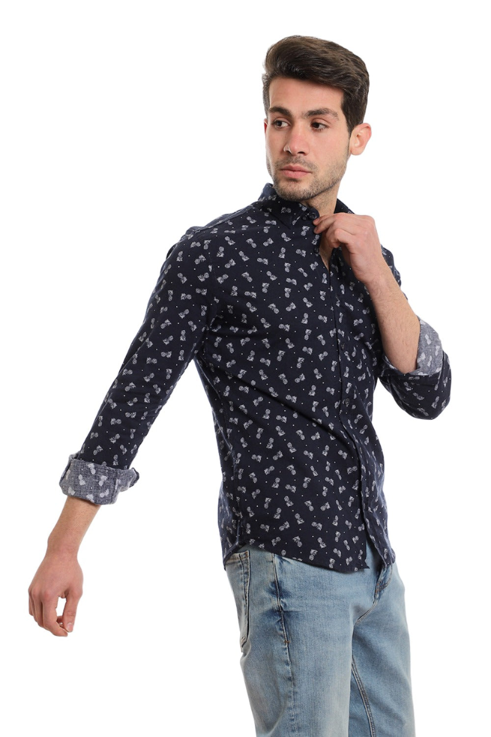 Buttons Down Pineapple Long Sleeves Shirt - Navy Blue